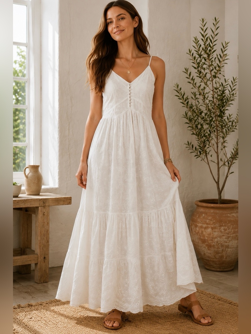NWT Sundance Arezzo White Eyelet Maxi Dress Boho Cottagecore Beach Vacation L‎
